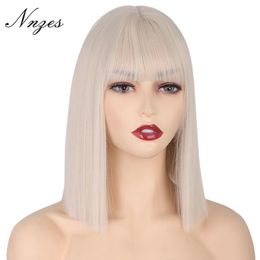 ombre bobs for black women Canada - Synthetic Wigs NNZES Short Blonde Straight Bob Wig With Bangs Brown Red Blue Purple Ombre Color For Black Women