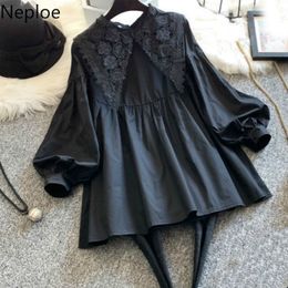 Neploe Plus Size Blouse Women Blusas Mujer De Moda Crochet Lace Shirt Lantern Sleeve Loose Blouses Japanese Black Long Tops 210422