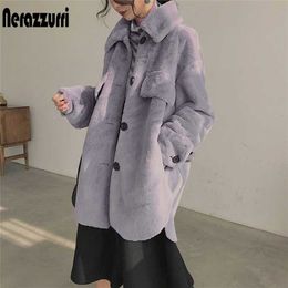 Nerazzurri Oversized warm soft furry faux fur coats for women long sleeve buttons Grey fluffy jacket Winter clothes women 211007