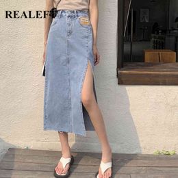 Spring Summer Women's Long Denim Skirts Side Split Vintage High Wasit Jeans Skirt Straight A-line Female 210428