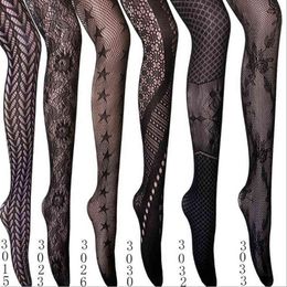 2021 New Multi Type Tattoo Lace Fishnet Mesh Stockings Women Girl Hollow Out Tight Slim Pantyhose Meias Hosiery Y1130