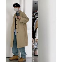 Korean Style Men's Loose Khaki/black Color Windbreaker Fashion Trend Trench Long Coats High-quality Overcoat Jackets S-XL 210524