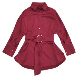 Women Wine Red Champagne Satin Shirt Turn Down Collar 3/4 Sleeve Work Office Lady B0177 210514