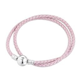 Bracelet Women Moments Pink Braided Double-Leather Bracelets 925 Sterling Silver Jewellery Femme Pulseira Plata de ley Armband