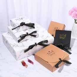Gift Wrap 1pc Creative Marble Style Box Kraft Paper DIY Wedding Candy Bag Party Festival Supplies Satin Ribbon Bowknot Clothing