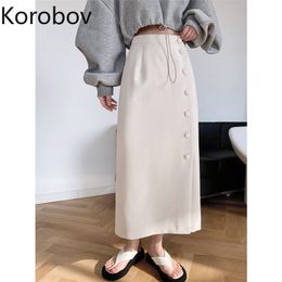 Korobov Spring New Women Single Breasted Skirts Korean Solid A-Line Mid Skirt Office Lady Slim High Waist Faldas Mujer 210430