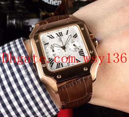 Mens WristWatches 100 XL 40mm 18K Rose Gold Japan Multi-Function Chronograph Quartz Movement Men's Watches Brown Leather Band