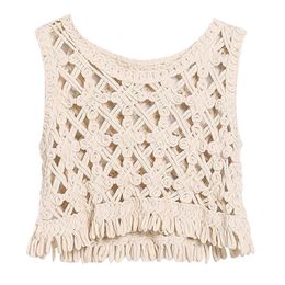 PERHAPS U White Beige Weave Hollow Out Tassel Tank Sleeveless O Neck Summer Solid Bohemian Boho Tank Tops Beach B0131 210529