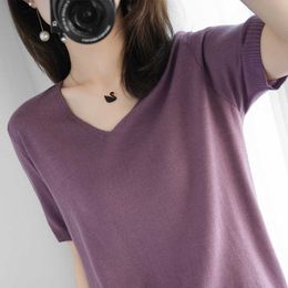 Coffee Knit Short Sleeve Women Thin Pullover V-Neck Solid Color Gray Purple T-Shirts Feminine 2021 Summer Loose Ice Silk Sweater X0721