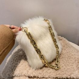 fur handbags purses UK - Evening Bags Trendy Brand Designer Faux Fur Women Shoulder 2021 Vintage Gold Chain Plush Handbag Purses Ladies Phone High Quality