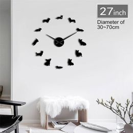 Frameless English Welsh Corgi 3D DIY Wall Clock Mirror Surface Puppy Dog Breeds Wall Art Pet Shop Decor Quiet Sweep Clock Watch 210325