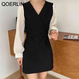 Fashion Criss-Cross Wome Dress Above Knee Elegant Sashes Lace-Up V Neck Slim Dresses Black Mini Short Vestidos Plus Size 210601