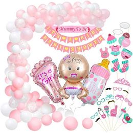 56pcs/Set Baby Shower Girl Party Decorations Its A Girl Banner Mummy To Be Shoulder Strap Po Props Baby Shower Balloon 211216
