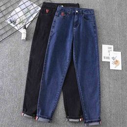 Spring Patches Cuffs Jeans Woman High Waist Harem Pants Femme Stretch Casual Trousers Mujer Plus Size Elastic Denim Black 5XL 210322