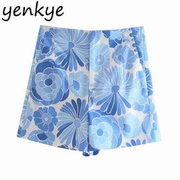 Blue Floral Print Shorts Women Vintage High Waist Zipper Fly Female Short Pants Summer pantalones cortos 210514