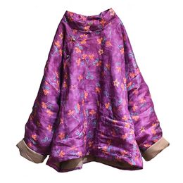 Johnature Women Ramie High Quality Parkas Print Floral Coats Stand Long Sleeve Autumn Winter Pockets Vintage Parkas 210521
