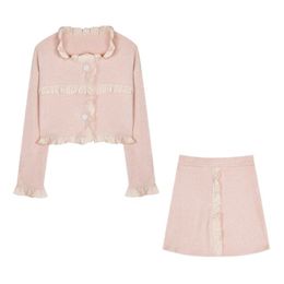 Single-breasted Long-Sleeve Shirt Mini Ruffle Skirt Women Two Piece Set Pink T0490 210514