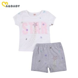 2-7Y Summer Child Kid Girl Clothes Set Star Print Short Sleeve T shirt Tops Shorts Outfits Costumes 210515