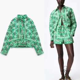 Za Green Print Cropped Shirt Women Long Sleeve Vintage Summer Shirts Chic Button Up Female Pleat Floral Blouse Tops Mujer 210602