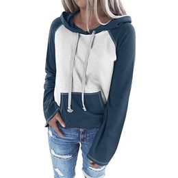 Plus Size Autumn Hoodies Women Casual Hooded Drawstring Contrast Color Splicing Long Sleeve Sweatshirt With Pocket Femme 210522