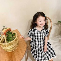 Girls summer fashion plaid short sleeve casual dress 2021 lace patchwork 3 Colours loose cotton dresses Q0716