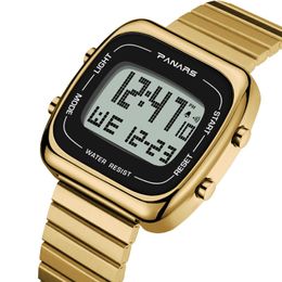 Digital Men's Watch PANARS Luxury Gold Stainless Steel Male Wristwatch Waterproof Countdown Fashion Electronic Clock For Man Wristwatches