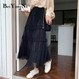 Summer Pleated Midi Skirts Womens Solid Color Sequins Elastic High Waist Patchwork Casual Skirt Black Saias Femme 210506