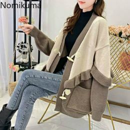 Nomikuma Korean Hit Colour Ruffle Knitted Cardigan Causal Long Sleeve Oversized Sweater Coat Autumn Winter Pull Femme 6C804 210427