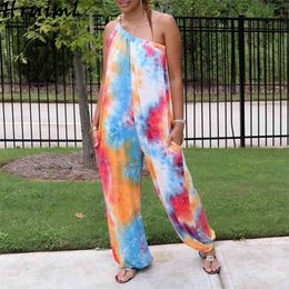 Plus Size Jumpsuits Fashion Tie Dye Print One Shoulder Sling Sleeveless Irregular Bodysuit Women Casual Loose Romper 210513