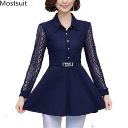 M-5xl Plus Size Lace Long Blouses Tunics Tops With Belt Women Sleeve Turn-down Collar Office Elegant Korean Shirts Blusas 210513