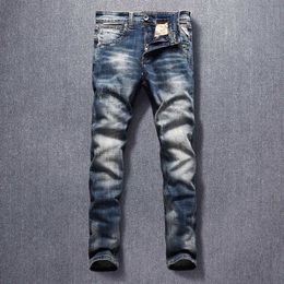 Italian Style Fashion Men Jeans Retro Blue Elastic Slim Fit Ripped Denim Pants Streetwear Vintage Designer Hip Hop Long Trousers