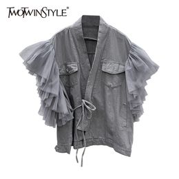 Vintage Gray Patchwork Mesh Jacket For Women V Neck Short Sleeve Lace Up Korean Loose Jackets Female Spring Fashion 210524