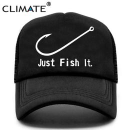 CLIMATE Hat Fish Hook Trucker Cap Just Fish It Cap Men Funny Fishing Hats for Man Hook Hats Summer Cool Mesh Hat