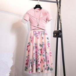 Comelsexy Summer Women 2 Piece Set Fashion Pink Cotton Bowknot Short T Shirt + Mesh Floral Print Big Swing Long Skirt Suits 210515