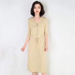 Knitted Dress Women Black Khaki Plus Size Single-breasted Dresses Spring Autumn Fashion V Neck Slim Bow Vestidos LR276 210531