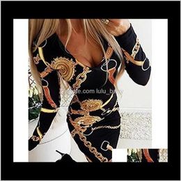 Womens Clothing Apparel Drop Delivery 2021 Summer Casual Elegant Ladies Fashion Dress Chain Print Long-Sleeved Sexy Tight Women Short Dresses