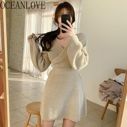 OCEANLOVE V Neck Office Lady Women Dresses Solid High Waist A-line Knitted Sweater Dress Winter Korean 2021 Autumn Vestido 18927 210320