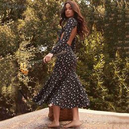 Sexy Floral Print Long Skirt Vestidos Elegant Fashion Sleeve Halter Dress Celebrity Club Party Costume 210525