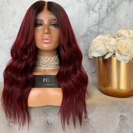 Ombre Red lace front Wig With Dark Roots Long Wavy Two Tones Color Glueless Synthetic Wigs For Black Women