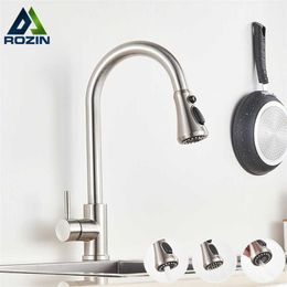 Rozin Brushed Nickel Kitchen Faucets Third Generation Pull Out Kitchen Mixer Facuet 3 Outlet Water Mode Spout Cold Mixer Tap 211108