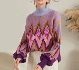 Women's Sweaters Eliasha Purple Sequin Embroidered Lazy Pullovers Women Vintage Long Sleeve Turtleneck Autumn Winter Knitted Warm Jumper