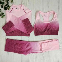 Ombre Sportswear Yoga Set Women Sports Clothing Fitness Suit Gym Seamless Workout Sport Outfit For Woman Athletic Wear 210813