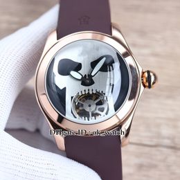 New 46mm Tourbillon Automatic Mens Watch Bubble Rose Gold Case L016/03268 Black Dial Skull Brown Rubber Strap Sports Gents Watches