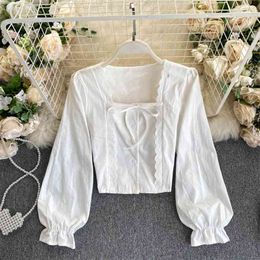 Korean Style Wear Sweet Lace Slim Short Puff Sleeve Top, Ladies Shirt Autumn All-match UK129 210506