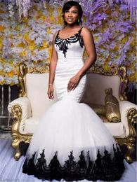 Vestido de noiva neo g￳tico preto e branco sereia espaguete de renda de tule bidal vestidos de noiva personalizados de la￧o de renda de volta