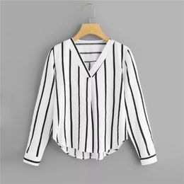 Autumn Long Sleeve V Neck Irregular Stripe Shirt Women Casual Tops And Blouses chemise femme camisas mujer women blouses 210518