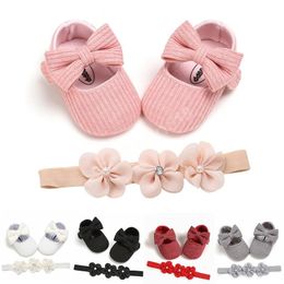 Baby Casual First Walkers Girls Bow Soft Sole Cotton Wedding Princess Party Shoe Anti-slip Shoes with Flowers Headband