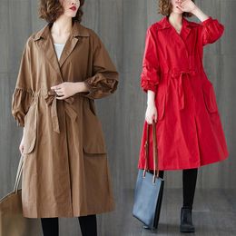 Women's Trench Coats Cotton Caramel Plus Size Windbreaker Jacket For Women Autumn Drawstring Waist Lantern Sleeve Fashion Long Overcoats Aq1