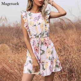 European American Women Dress Summer Chic Elegant Floral Print es O-Neck Ruffles Flying Sleeve Mini Robes 14631 210512