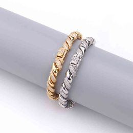 8mm wide Hip Hop Micro Paved AAA Cubic Zirconia Bling Iced Out Twist Round Link Chain Bangle Bracelet for Men Rapper Jewellery